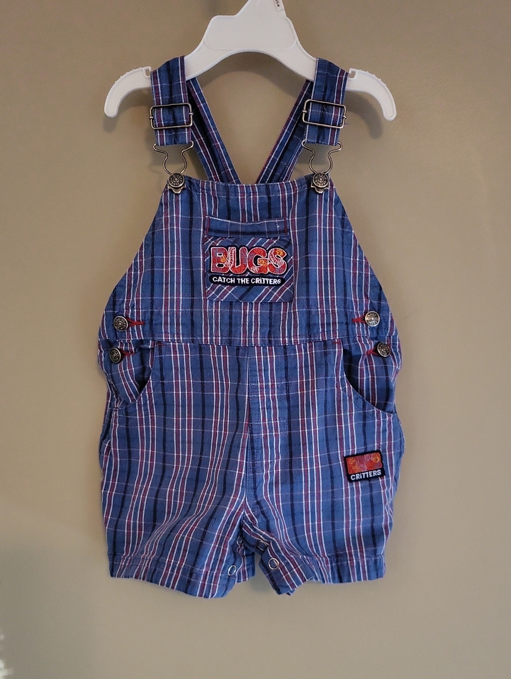 BUGS blue plaid embrodiered shortalls